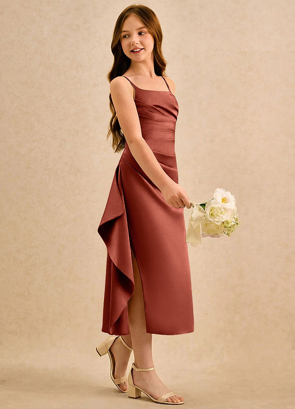 Azazie Canna Girls Formal Sukienki dla dziewczynek sypiących kwiaty Linia A Pofałdowany Satyna elastyczna Długość herbaty Sukienka image1