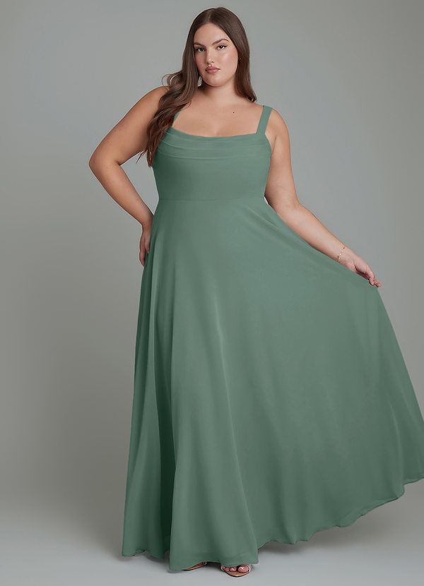 Azazie Shaude Abiti da Damigella Abito A-Line in Chiffon Plissettato Muschio Marino image1