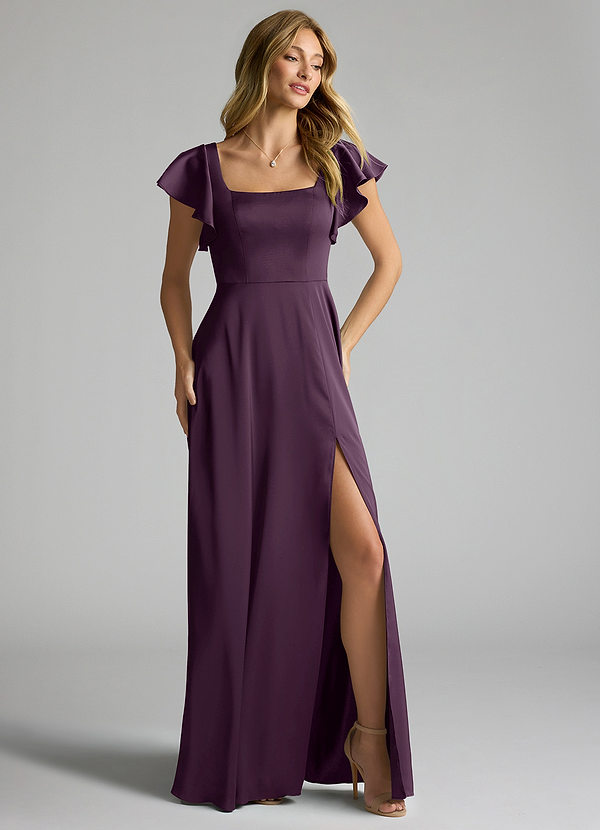 Azazie Bondi Bridesmaid Dresses Plum A-Line Bow Stretch Satin Dress image1