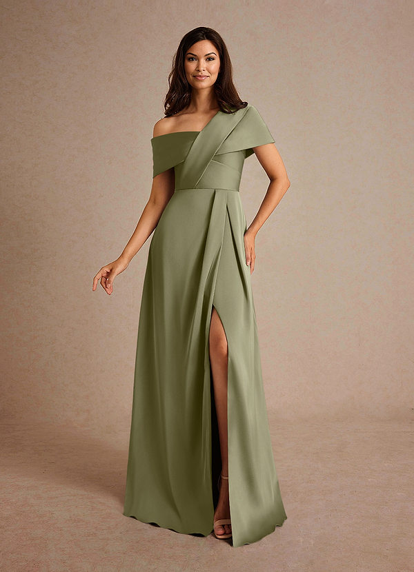 Azazie Milton Brautmutterkleider A-Linie Plissee Stretch-Satin Kleid Pistazie image1