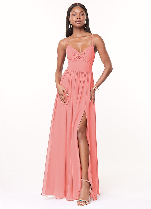 Azazie Zeya Bridesmaid Dresses Coral A-Line V-Neck Pleated Chiffon Dress image1