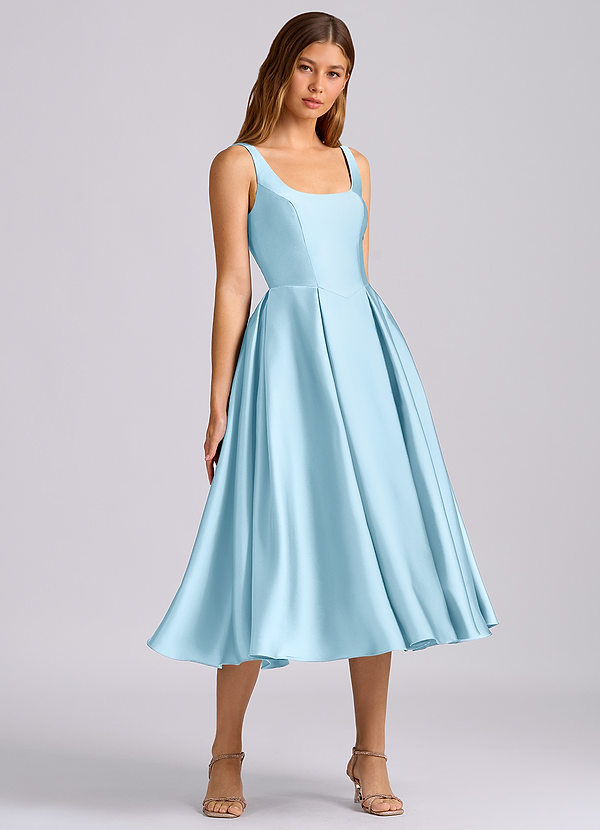 Azazie Amalie 신부 들러리 드레스 A라인 주름진 스트레치 새틴 티 길이 드레스 image1