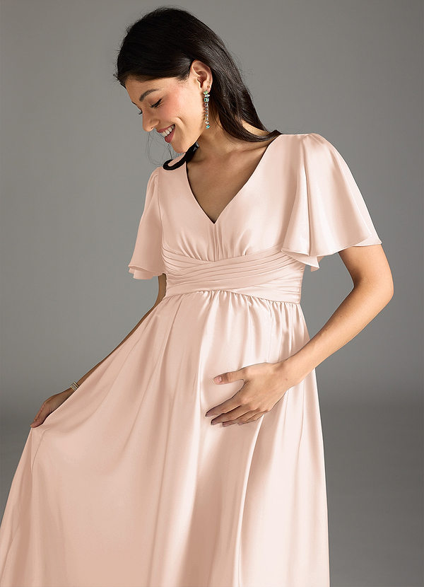 Azazie Verna Maternity Bridesmaid Dresses A-Line Ruched Stretch Satin Floor-Length Dress image1