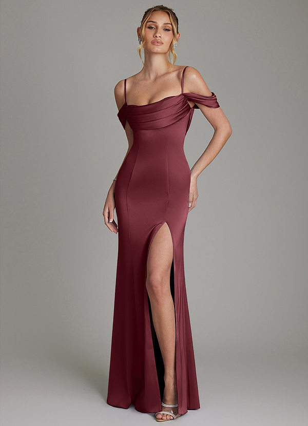 Azazie Nira Bridesmaid Dresses Merlot Mermaid Corset Stretch Satin Dress image1