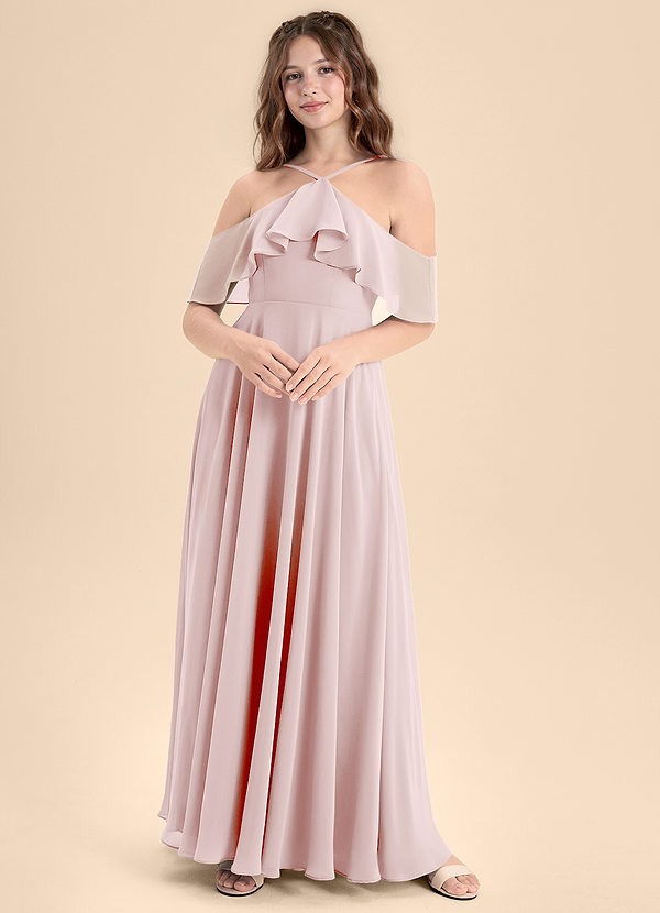 Azazie Tessabelle Junior Blushing Pink A-Line Off the Shoulder Chiffon Dress image1