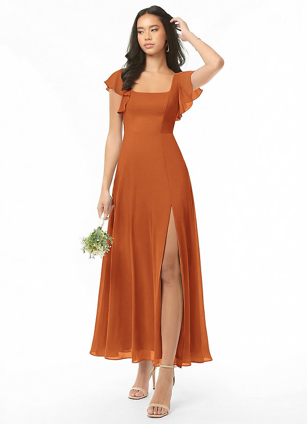 Azazie Bondi Bridesmaid Dresses Cinnamon A-Line Ruched Chiffon Dress image1