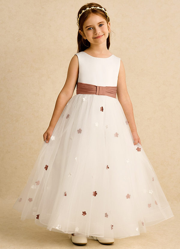 Azazie Cricket Flower Girl Dresses Ivory Bronzer Ball-Gown Pleated Matte Satin Dress image1
