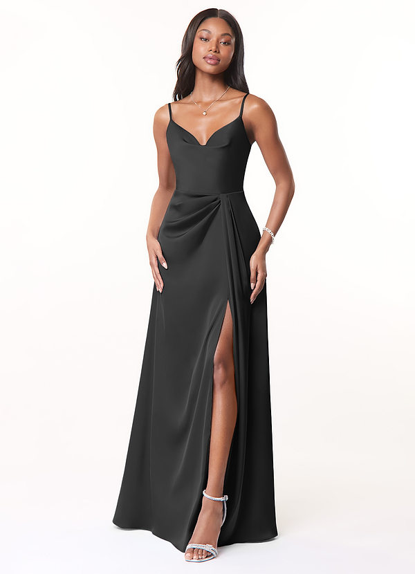 Azazie Brielle Robes Demoiselle d'honneur Robe Trapèze en Satin extensible Bretelles spaghetti Noir image1