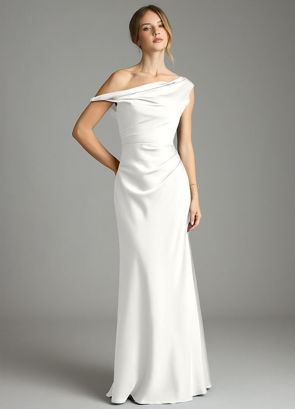 Azazie Emerson Vestidos de Dama de Honor Vestido Branco de Cetim elástico de sereia com Ombros Caídos image1