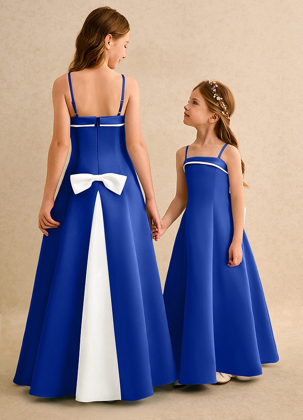 Azazie Izel Girls Formal Flower Girl Dresses Ivory Royal Blue A-Line Pleated Matte Satin Dress image1