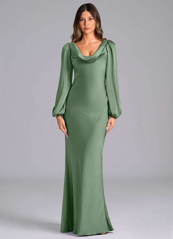 Azazie Rylina Robes Demoiselle d'honneur Robe Sirène en Satin extensible Manche longue Matcha image1