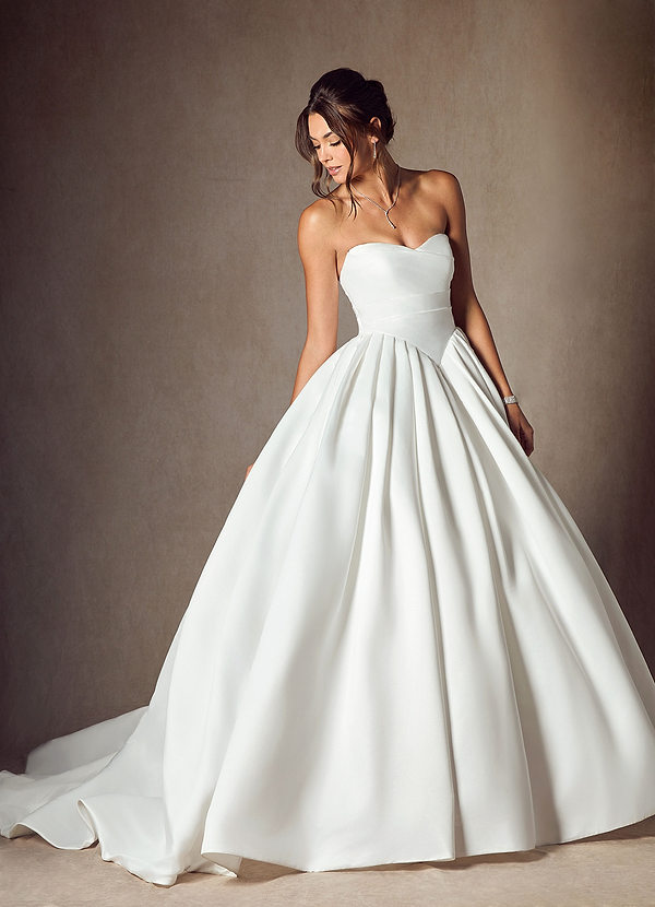 Azazie Celestia Wedding Dresses Diamond White Ball-Gown Strapless Matte Satin Dress image1
