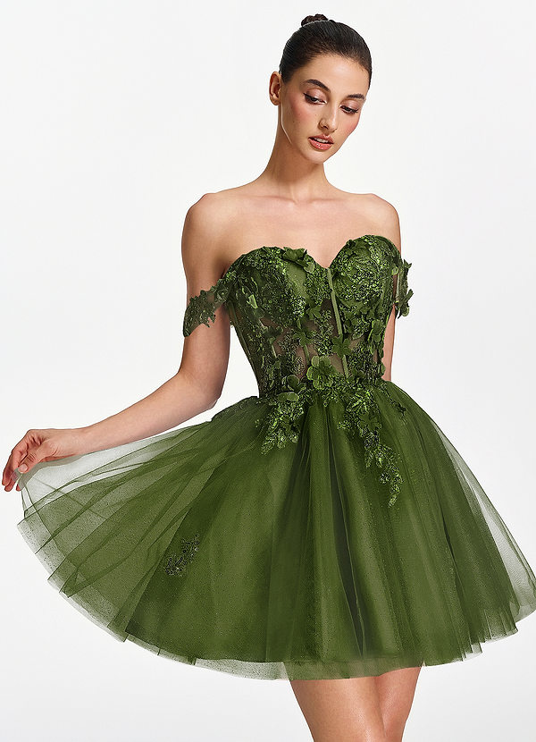 Eudaimonia Groen Mini-jurk van tule met 3D-bloemenborduursel en pailletten, off-the-shoulder model en A-lijn model. image1