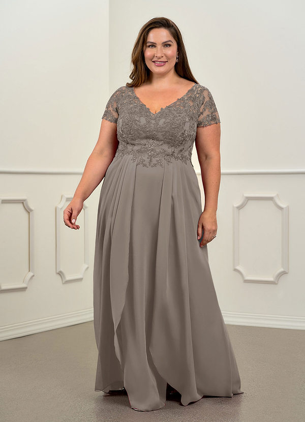 Azazie Dunja Klänningar till brudens mor Klä A-Line i Chiffong V-ringad spets Taupe image1