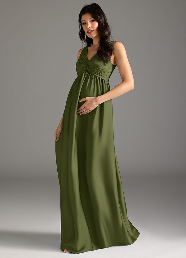 Azazie Yetta Maternity Bridesmaid Dresses A-Line Pleated Stretch Satin Floor-Length Dress image1