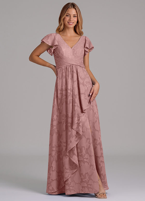 Azazie Omari 신부 들러리 드레스 A라인 주름진 플로럴 번아웃 바닥 길이 드레스 image1