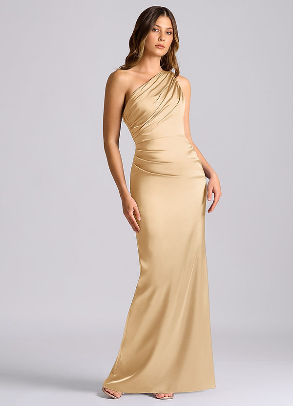 Azazie Akilah 신부 들러리 드레스 인어 한쪽 어깨 스트레치 새틴 바닥 길이 드레스 image1