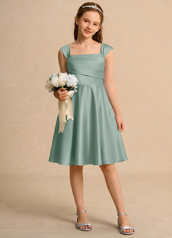 Azazie Budle Girls Formal Flower Girl Dresses Silver Sage A-Line Pleated Matte Satin Dress image1