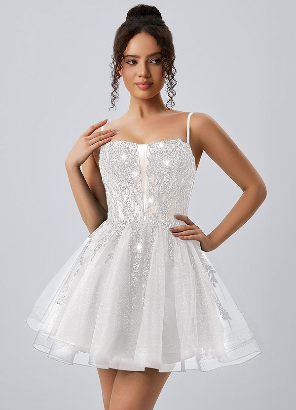 Odette Blanco Minivestido skater de tul con lentejuelas y tirantes finos image1