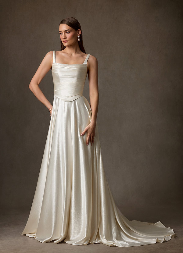 Azazie Samira 웨딩드레스 A라인 스퀘어 네크라인 매력 있는 사람 채플 트레인 드레스 image1