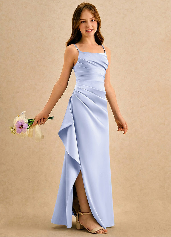 Azazie Cannoli Girls Formal Sukienki dla dziewczynek sypiących kwiaty Linia A Pofałdowany Matowy satynowy Długość podłogi Sukienka image1