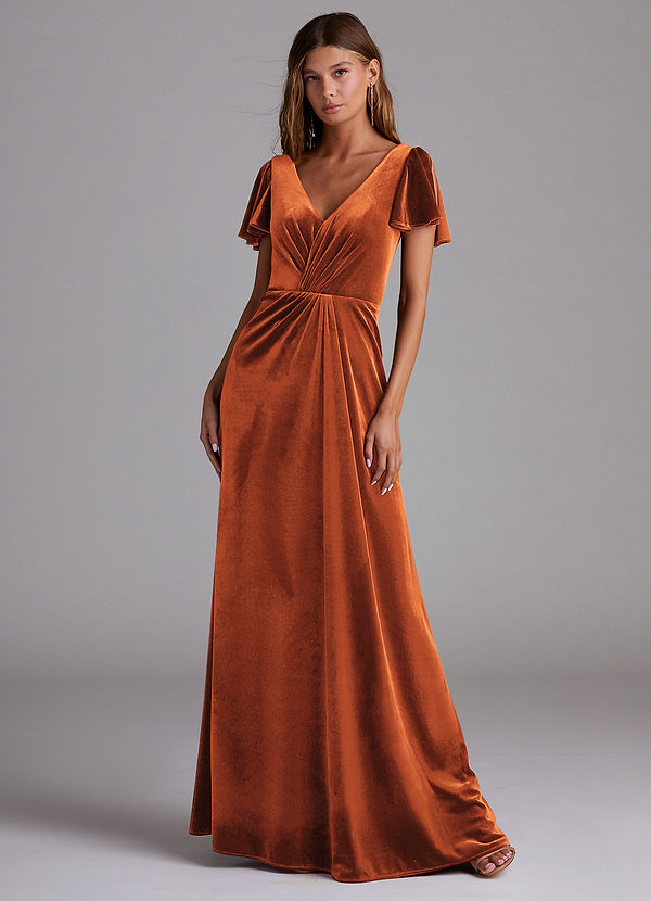 Azazie Soren Bridesmaid Dresses Burnt Orange A-Line Velvet Dress image1