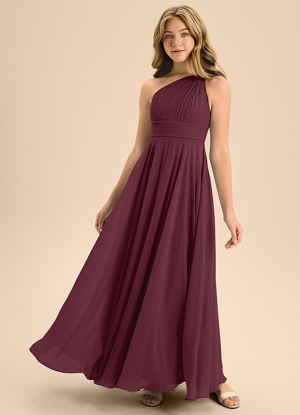 Azazie Charlize Junior Vestido de Cabernet de Gasa de Corte En A con Plisado image1