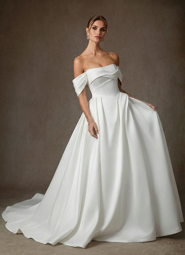 Azazie Suki Wedding Dresses Diamond White Ball-Gown Off the Shoulder Satin Dress image1
