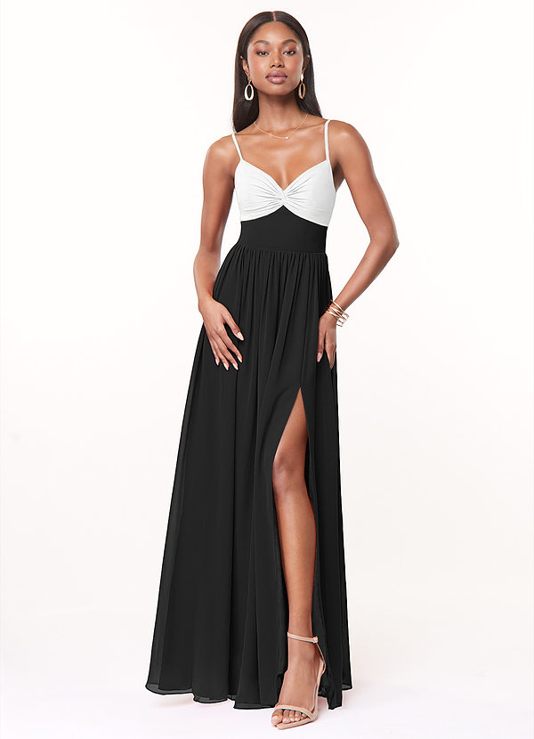 Azazie Zeya Bridesmaid Dresses Ivory Black A-Line V-Neck Pleated Chiffon Dress image1