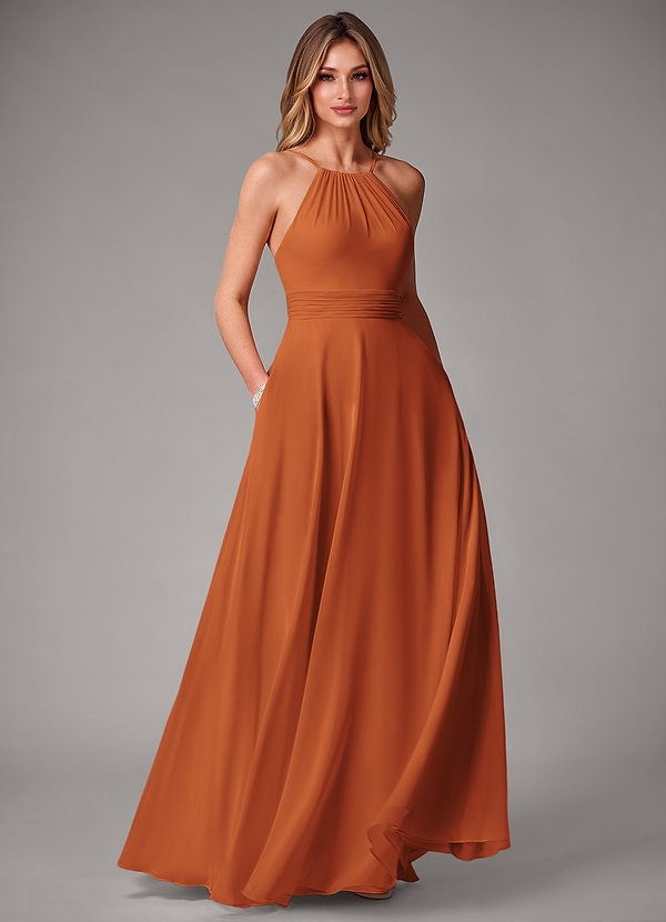 Azazie Amalia Bridesmaid Dresses Cinnamon A-Line Pleated Chiffon Dress image1