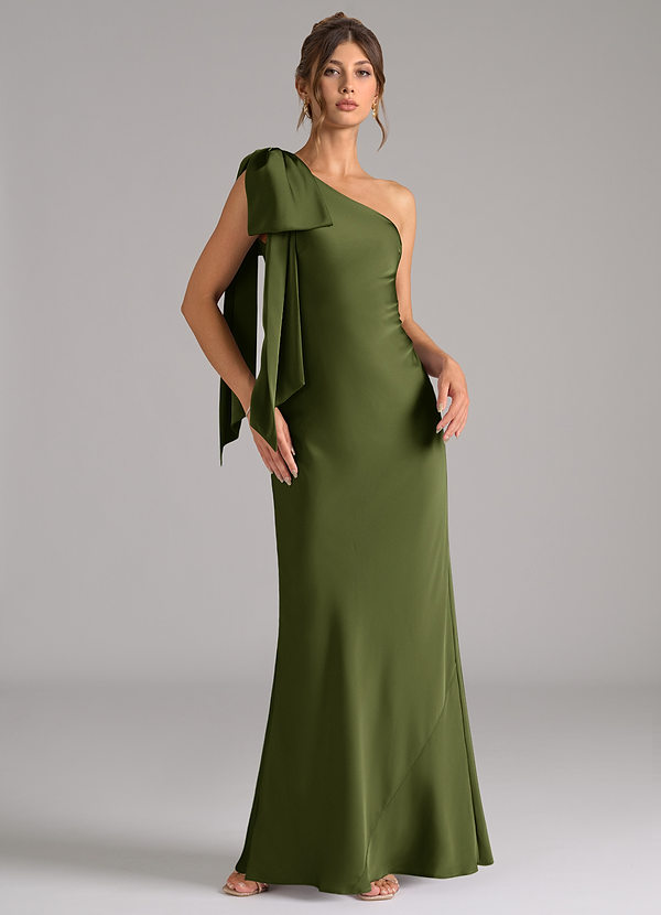 Azazie Capri Bridesmaid Dresses Olive Mermaid One Shoulder Stretch Satin Dress image1