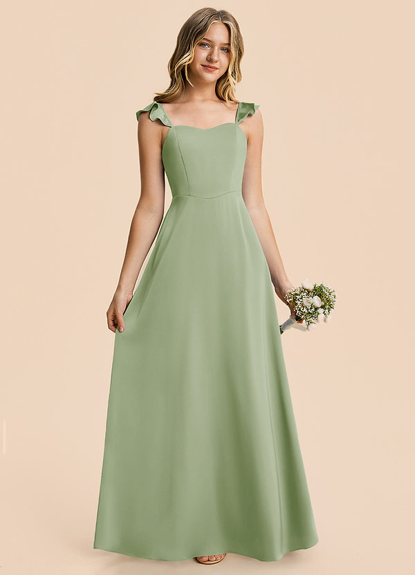 Azazie Mavie Junior Vestido Salvia Polvorienta de Satén Elástico de Corte en A con Drapeado image1