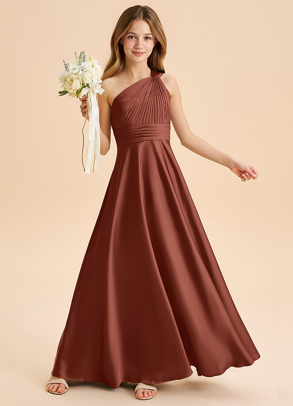 Azazie Charlize Junior Auburn A-Line Pleated Stretch Satin Dress image1