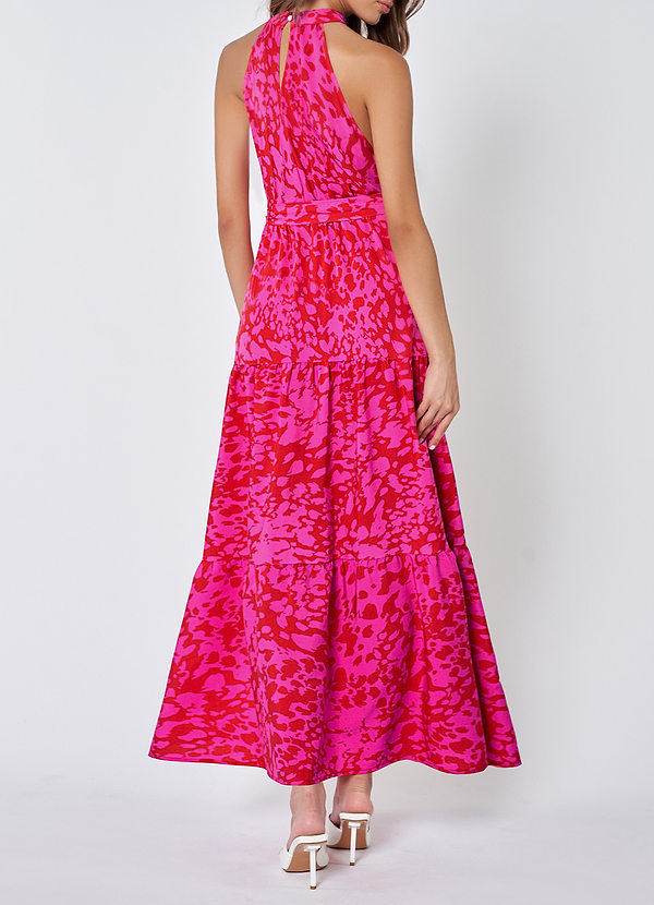 back Endless Vacay Hot Pink Print Halter Maxi Dress