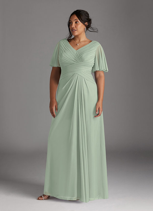 Azazie Emmeline Mother of the Brides Dresses Dusty Sage A-Line V-Neck Pleated Mesh Dress image1