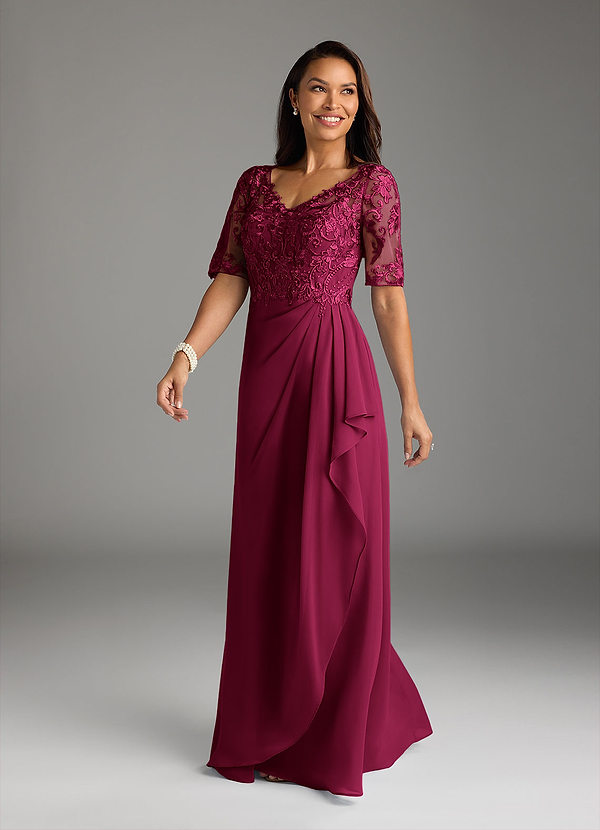 Amedeus Mother of the Brides Dresses Burgundy A-Line V-Neck Lace Chiffon Dress image1