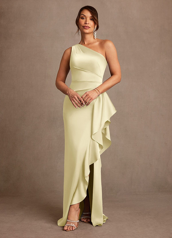 Azazie Yvette Mother of the Brides Dresses Lemon Sorbet Sheath One Shoulder Stretch Satin Dress image1