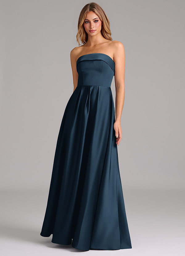 Lucienne Vestidos de dama de honor Vestido Azul Marino Oscuro de Satén Elástico de Línea A Convertible con Palabra de honor image1