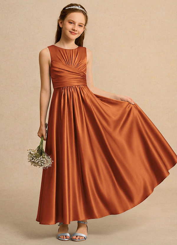 Azazie Ducky Girls Formal Sukienki dla dziewczynek sypiących kwiaty Linia A Pofałdowany Satyna elastyczna Długość kostki Sukienka image1