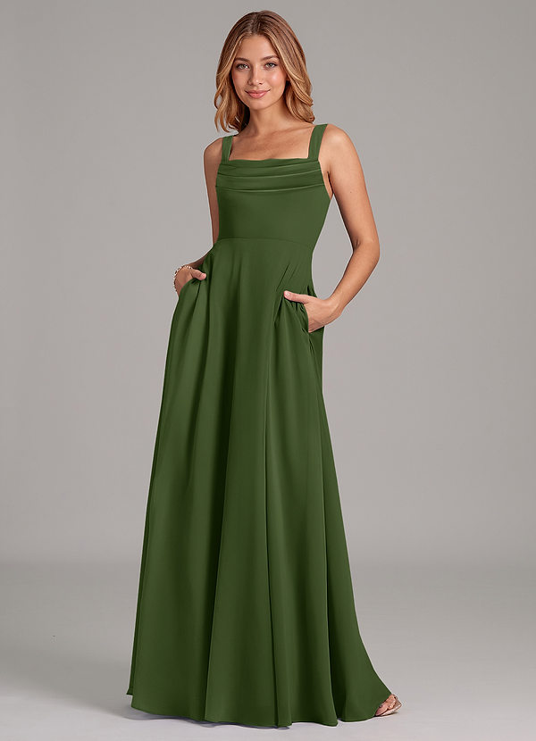 Azazie Shaude Bridesmaid Dresses Olive A-Line Pleated Chiffon Dress image1