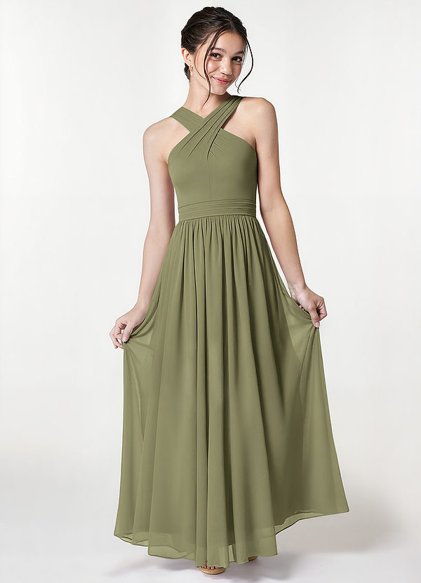 Azazie Jiya Junior Pistachio A-Line Pleated Mesh Dress image1