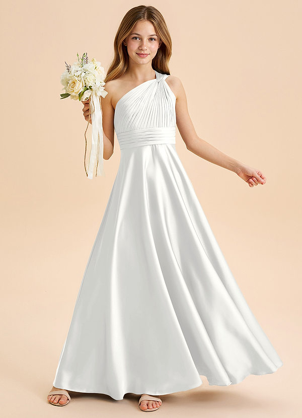 Azazie Charlize Junior White A-Line Pleated Stretch Satin Dress image1