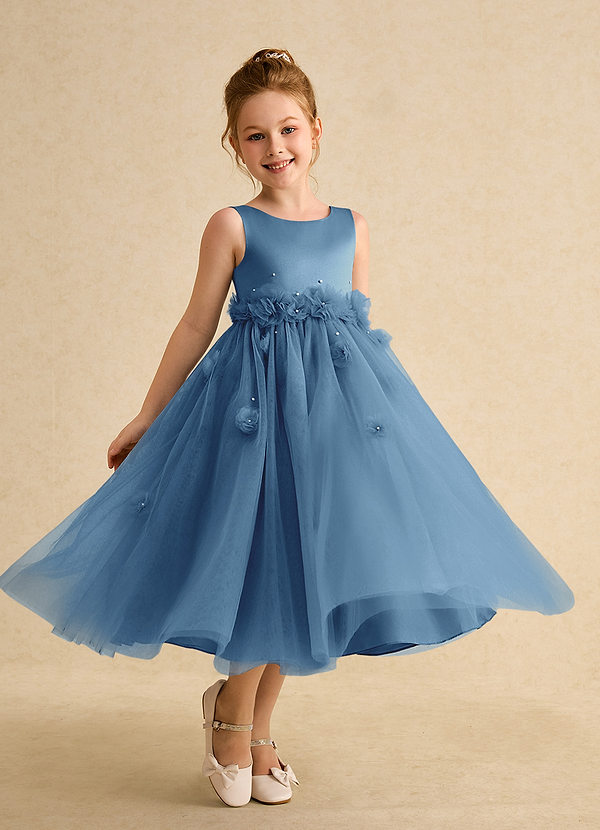 Azazie Lux Flower Girl Dresses Steel Blue A-Line Beaded Tulle Dress image1