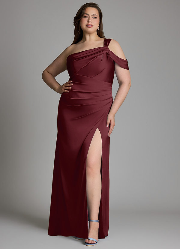 Azazie Wynter Vestidos de dama de honor Vestido Cabernet de Satén Elástico de Corte Recto con Un hombro image1