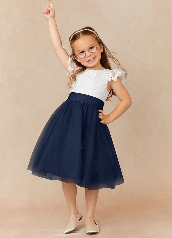 Azazie Vetty Flower Girl Dresses Ivory Dark Navy A-Line Lace Tulle Dress image1