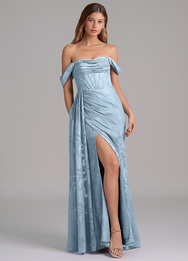 Azazie Amyra Bridesmaid Dresses Sky Blue Mermaid Off the Shoulder Floral Burnout Convertible Dress image1