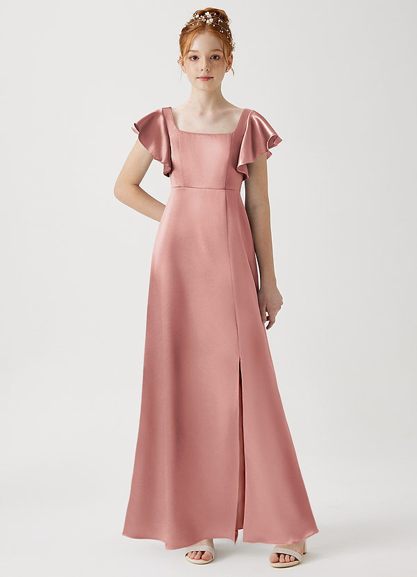 Azazie Bondi Junior Dusty Rose A-Line Side Slit Metallic Satin Dress image1