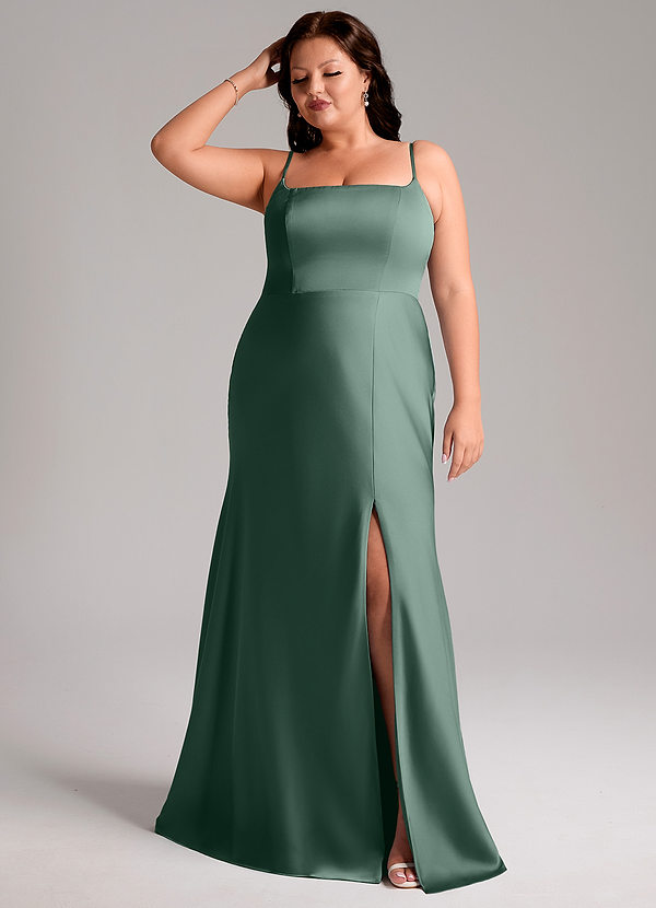 Azazie Lidia Bridesmaid Dresses Eucalyptus Mermaid Side Slit Stretch Satin Dress image1