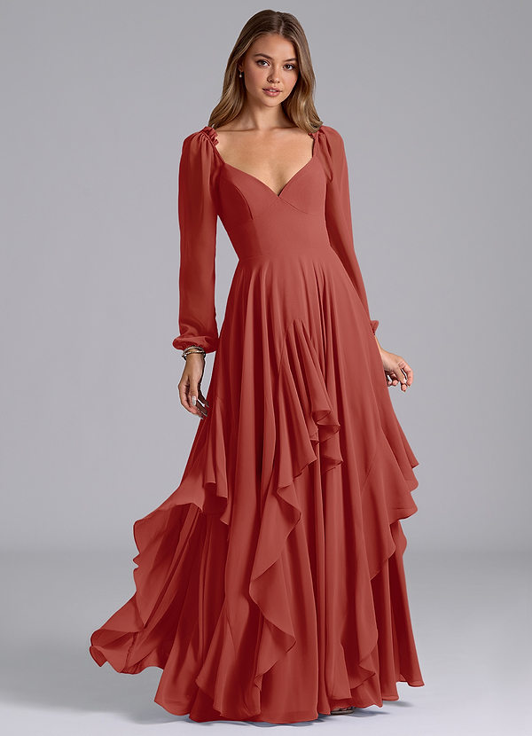 Azazie Karan Abiti da Damigella Abito A-Line in Chiffon Manica Lunga Terracotta image1