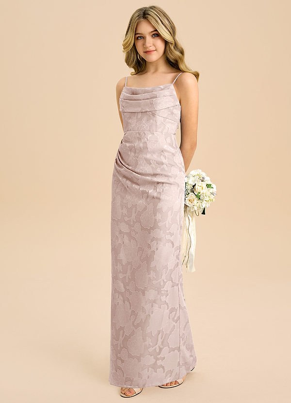 Azazie Mai Junior Blushing Pink Sheath Pleated Floral Burnout Dress image1